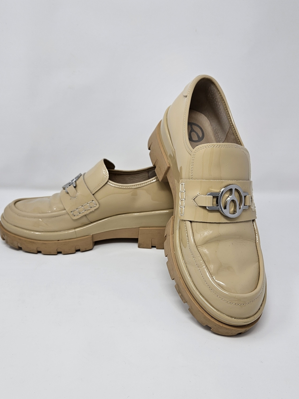Patent-Look Chunky Sole Loafers in Beige